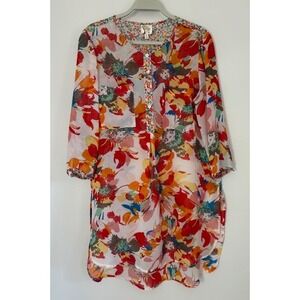 Fig and Flower Womens Large Floral Tunic Blouse Mixed Print Sheer High Low Top